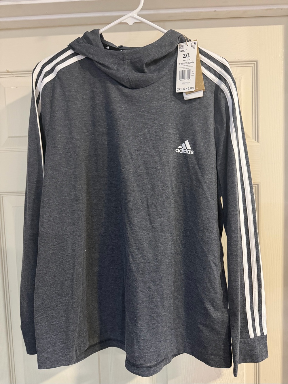 adidas Charcoal Gray Hooded Sweatshirt with White 3-Stripes - 2XL